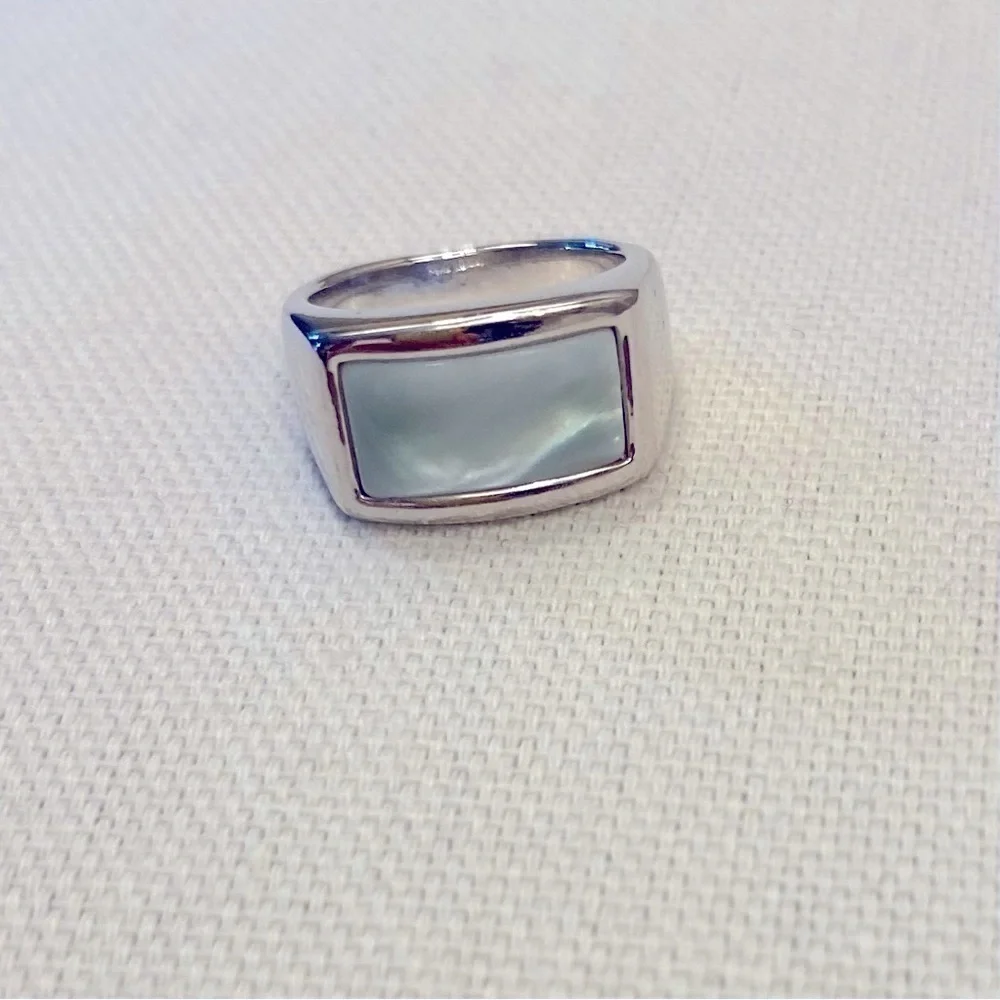 Silver Tone Ring Pale Blue Rectangle